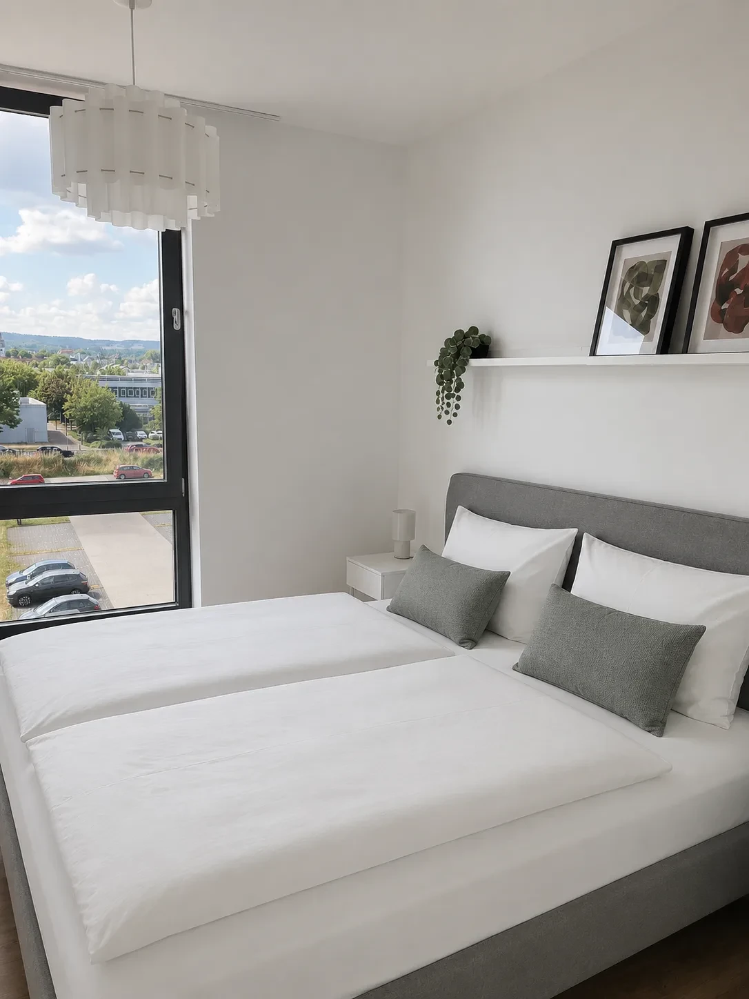 Separates Schlafzimmer mit Doppelbett und Aussicht im Penthouse Apartment