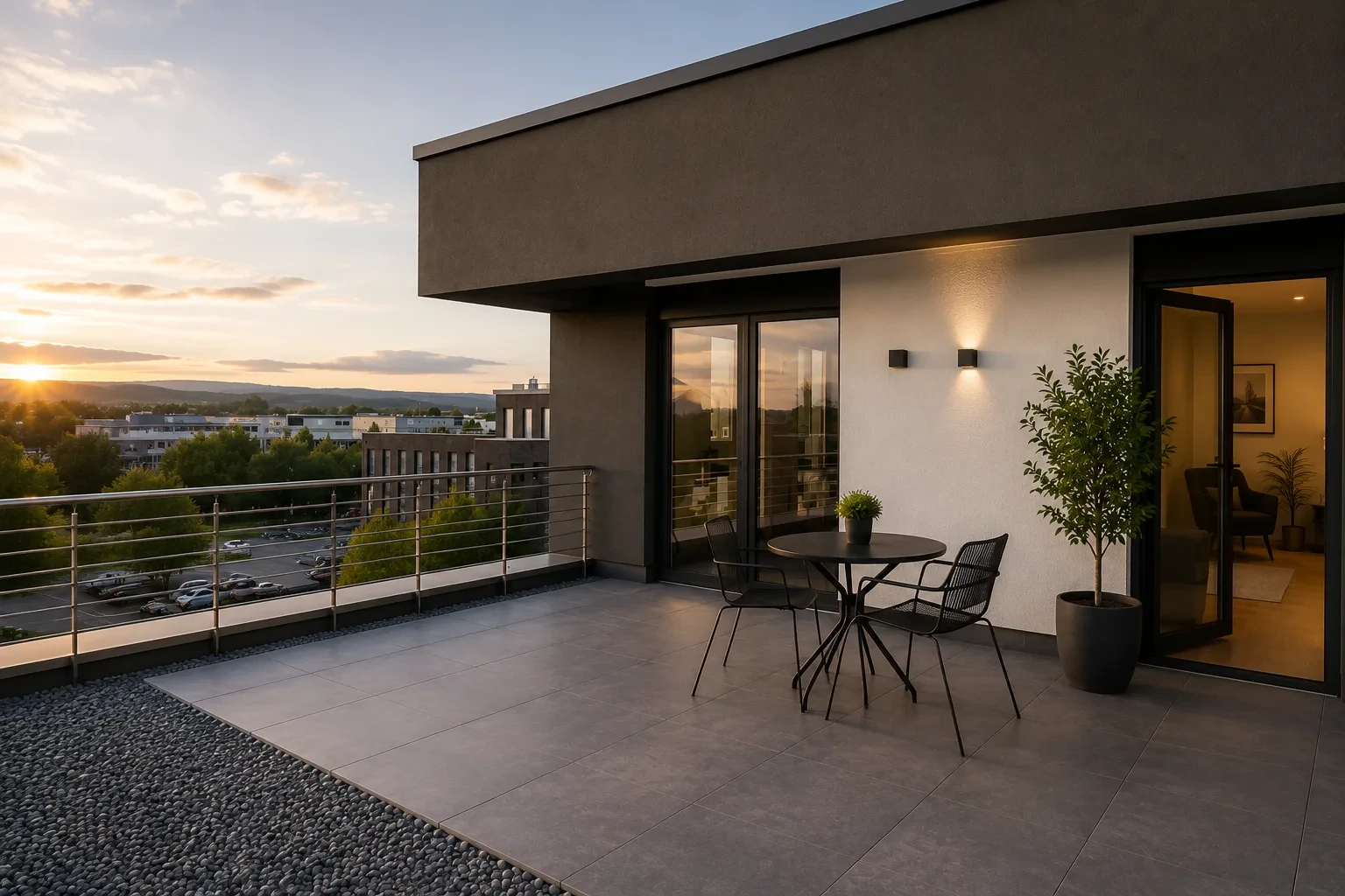 Visualisierung der Dachterrasse des STAY MCC Boardinghauses Rheinbach in der Abendsonne